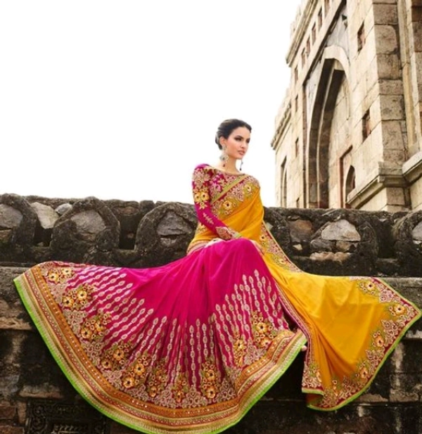 Heavy Embroidered Georgette Multicolour Saree With Separate Blouse for Marriage and party Wear - Yellow/Pink